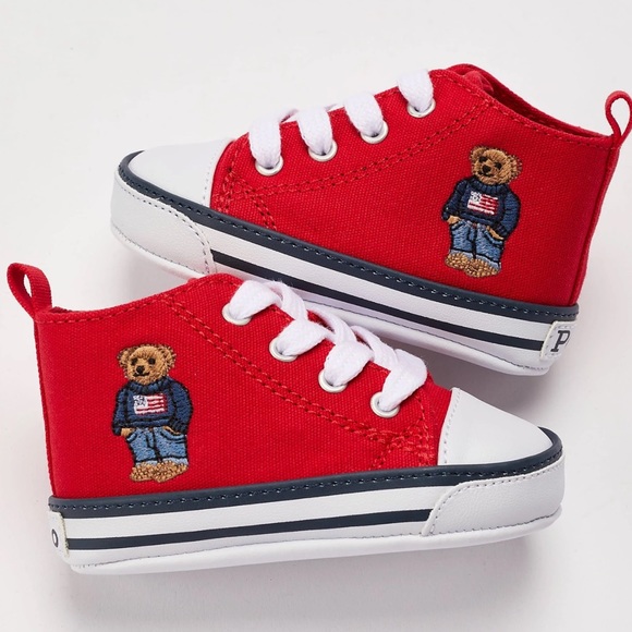❌❌❌SOLD❌❌❌BOYS POLO RALPH LAUREN HAMPTYN HI “AMERICAN FLAG” BEAR SZ 2 SNEAKERS - Picture 3 of 5